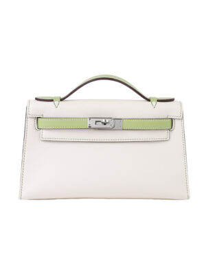 SF Kelly22 Calfskin Bag-Milk White & Okra Green Glazed Leather with Silver Hardware