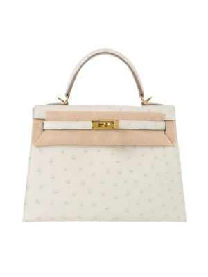 Kelly 25 Sellier in Porosus Ostrich - Vanilla Cream with Gold Hardware