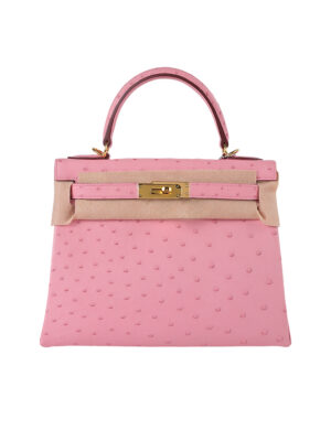 Kelly 28 Retourne Ostrich Leather Handbag - Blush Pink with Gold Hardware (Edge Paint Edition)