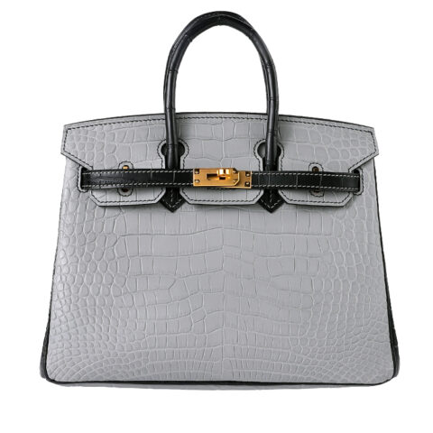 Birkin 25 Matte Niloticus Crocodile - Pearl Grey & Noir Contrast with 24K Gold Hardware (3-Piece Skin, Hand-Stitched)