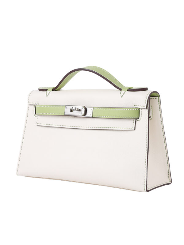 SF Kelly22 Calfskin Bag-Milk White & Okra Green Glazed Leather with Silver Hardware
