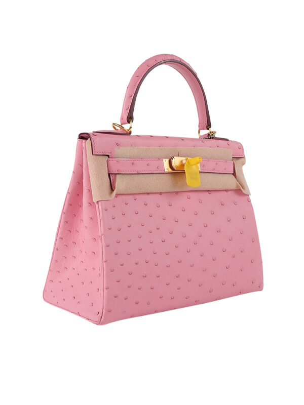 Kelly 28 Retourne Ostrich Leather Handbag - Blush Pink with Gold Hardware (Edge Paint Edition)