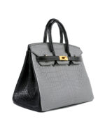 Birkin 25 Matte Niloticus Crocodile - Pearl Grey & Noir Contrast with 24K Gold Hardware (3-Piece Skin, Hand-Stitched)