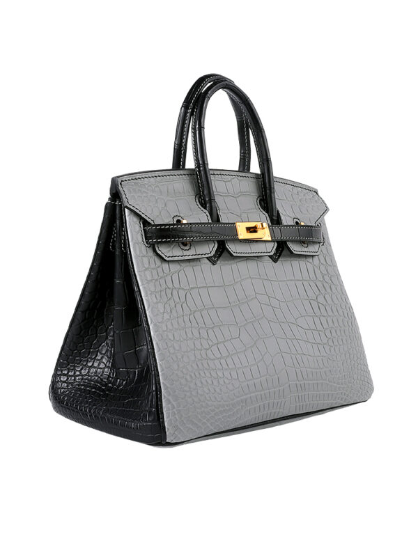 Birkin 25 Matte Niloticus Crocodile - Pearl Grey & Noir Contrast with 24K Gold Hardware (3-Piece Skin, Hand-Stitched)