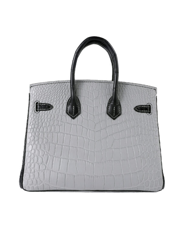 Birkin 25 Matte Niloticus Crocodile - Pearl Grey & Noir Contrast with 24K Gold Hardware (3-Piece Skin, Hand-Stitched)
