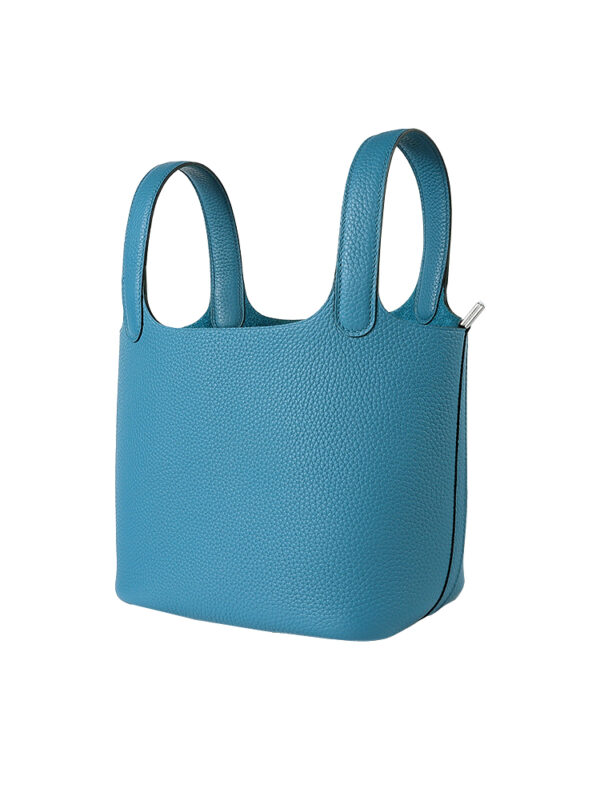 TC Leather Picotin Lock Bag with Detachable Shoulder Strap - Denim Blue & Silver Hardware