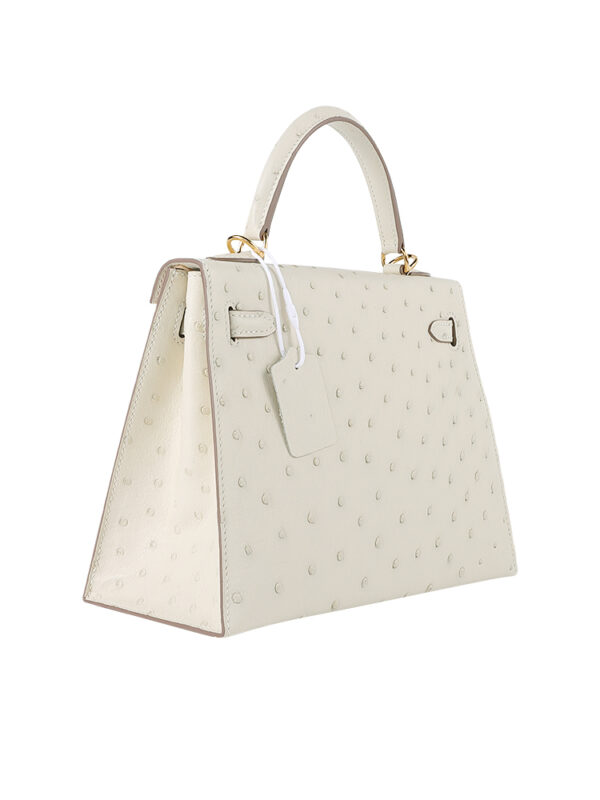 Kelly 25 Sellier in Porosus Ostrich - Vanilla Cream with Gold Hardware