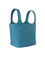 TC Leather Picotin Lock Bag with Detachable Shoulder Strap - Denim Blue & Silver Hardware