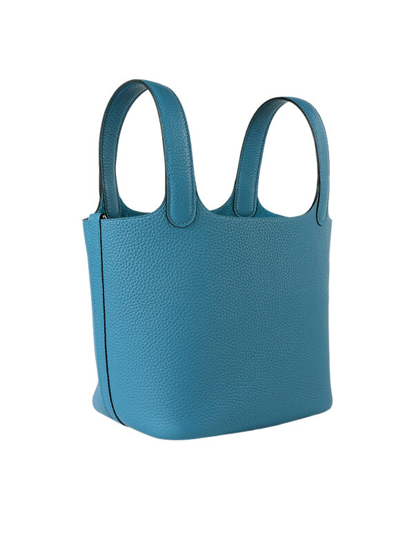 TC Leather Picotin Lock Bag with Detachable Shoulder Strap - Denim Blue & Silver Hardware