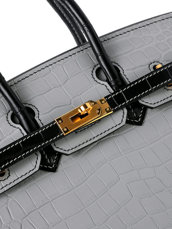 Birkin 25 Matte Niloticus Crocodile - Pearl Grey & Noir Contrast with 24K Gold Hardware (3-Piece Skin, Hand-Stitched)