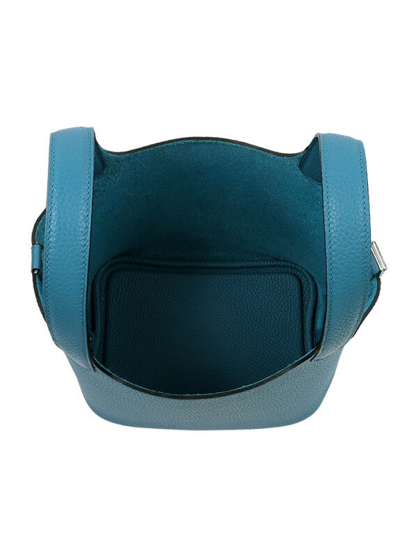 TC Leather Picotin Lock Bag with Detachable Shoulder Strap - Denim Blue & Silver Hardware